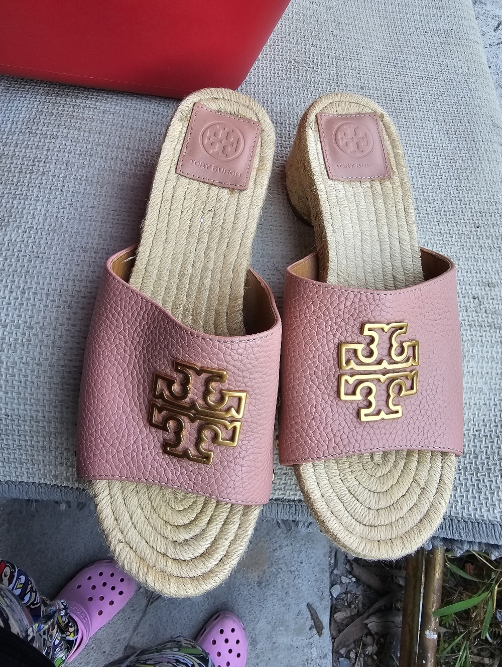 Tory Burch Dusty Pink Leather Espadrille Slide with Gold Logo